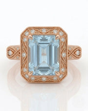 VIRELIA emerald cut Aquamarine vintage milgrain diamond ring setting in Rose Gold, front view | SARATTI