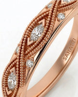 VIRELIA emerald cut Aquamarine vintage milgrain diamond ring setting in Rose Gold, marquise diamond shank detail | SARATTI