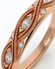 VIRELIA emerald cut Aquamarine vintage milgrain diamond ring setting in Rose Gold, marquise diamond shank detail | SARATTI
