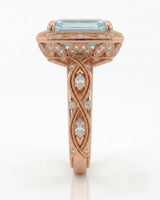 VIRELIA emerald cut Aquamarine vintage milgrain diamond ring setting in Rose Gold, side profile | SARATTI