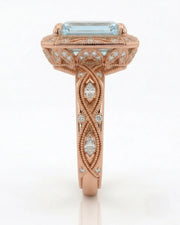 VIRELIA emerald cut Aquamarine vintage milgrain diamond ring setting in Rose Gold, side profile | SARATTI