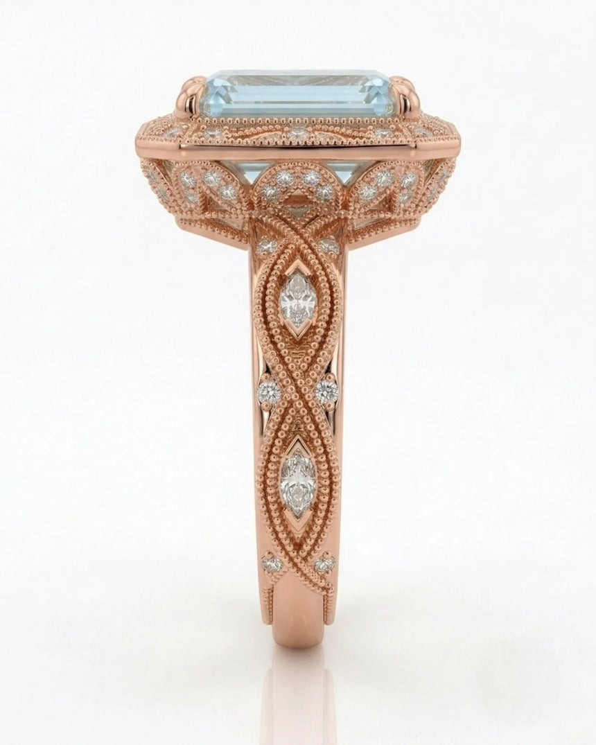 VIRELIA emerald cut Aquamarine vintage milgrain diamond ring setting in Rose Gold, side profile | SARATTI