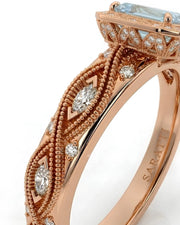 VIRELIA emerald cut Aquamarine vintage milgrain diamond ring setting in Rose Gold, upper shank detail | SARATTI