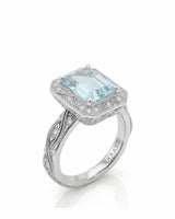 VIRELIA emerald cut Aquamarine vintage milgrain diamond ring setting in White Gold, 45-degree view | SARATTI