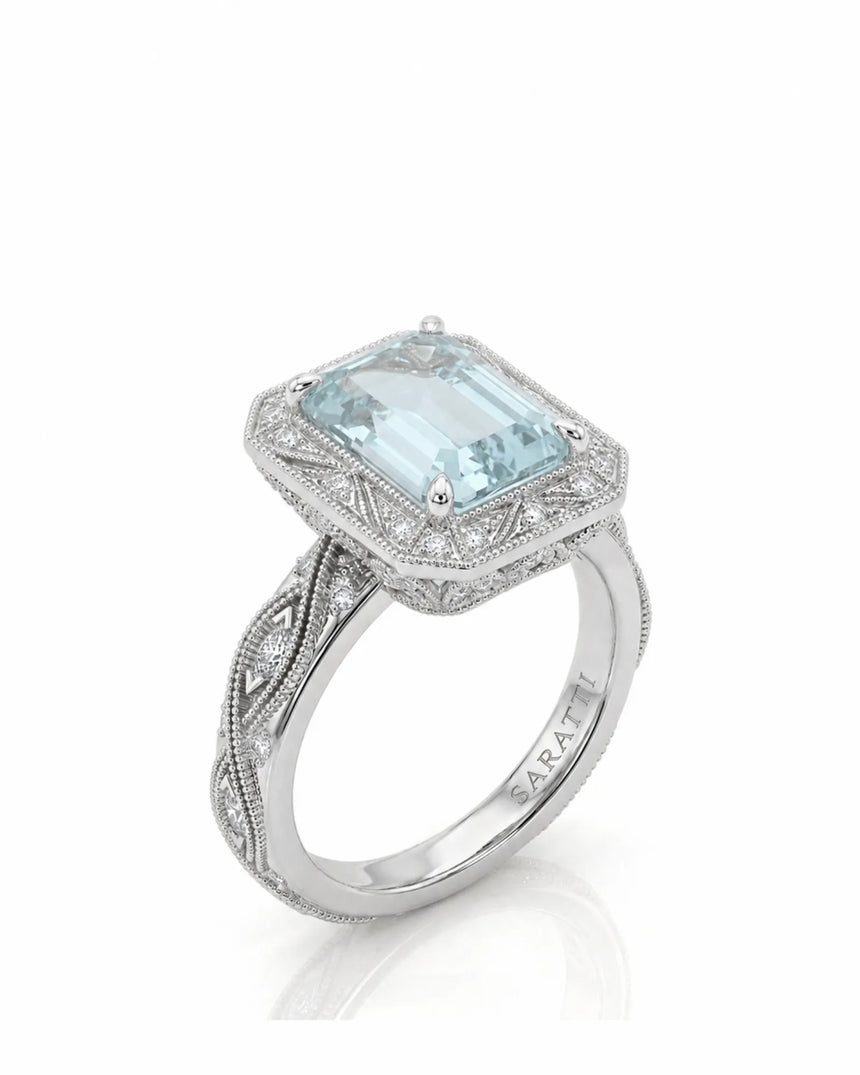VIRELIA emerald cut Aquamarine vintage milgrain diamond ring setting in White Gold, 45-degree view | SARATTI