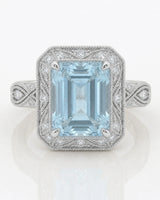 VIRELIA emerald cut Aquamarine vintage milgrain diamond ring setting in White Gold, front view | SARATTI