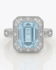 VIRELIA emerald cut Aquamarine vintage milgrain diamond ring setting in White Gold, front view | SARATTI