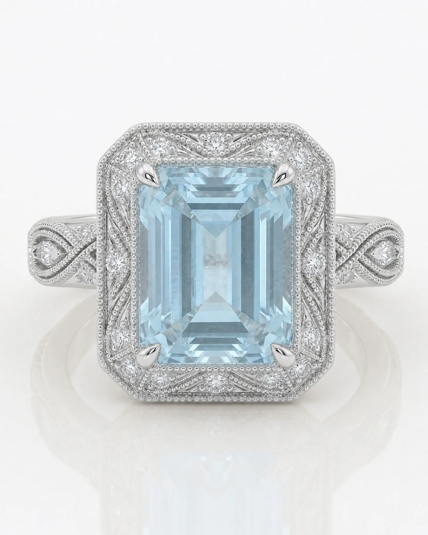 VIRELIA emerald cut Aquamarine vintage milgrain diamond ring setting in White Gold, front view | SARATTI