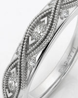 VIRELIA emerald cut Aquamarine vintage milgrain diamond ring setting in White Gold, marquise diamond shank detail | SARATTI