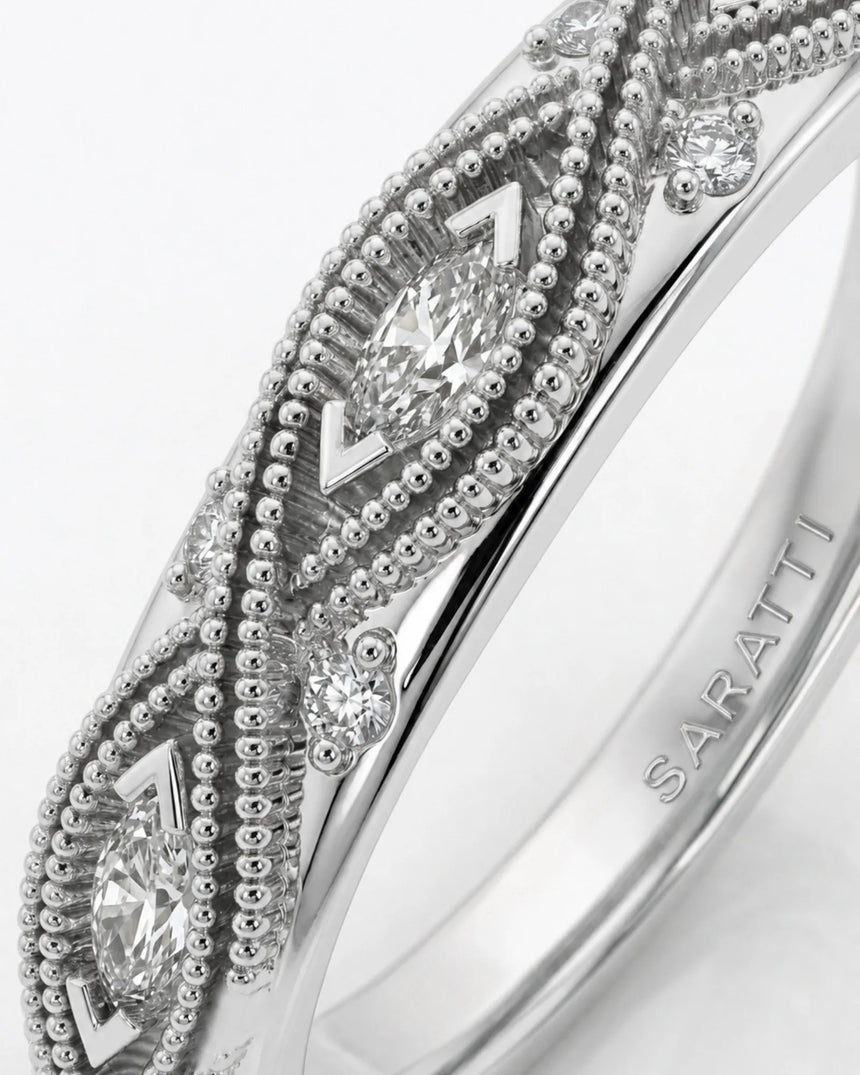 VIRELIA emerald cut Aquamarine vintage milgrain diamond ring setting in White Gold, marquise diamond shank detail | SARATTI