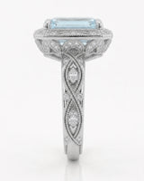 VIRELIA emerald cut Aquamarine vintage milgrain diamond ring setting in White Gold, side profile | SARATTI