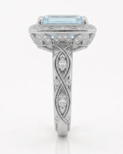 VIRELIA emerald cut Aquamarine vintage milgrain diamond ring setting in White Gold, side profile | SARATTI
