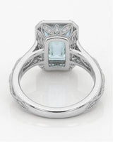 VIRELIA emerald cut Aquamarine vintage milgrain diamond ring setting in White Gold, underside gallery view | SARATTI