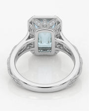 VIRELIA emerald cut Aquamarine vintage milgrain diamond ring setting in White Gold, underside gallery view | SARATTI