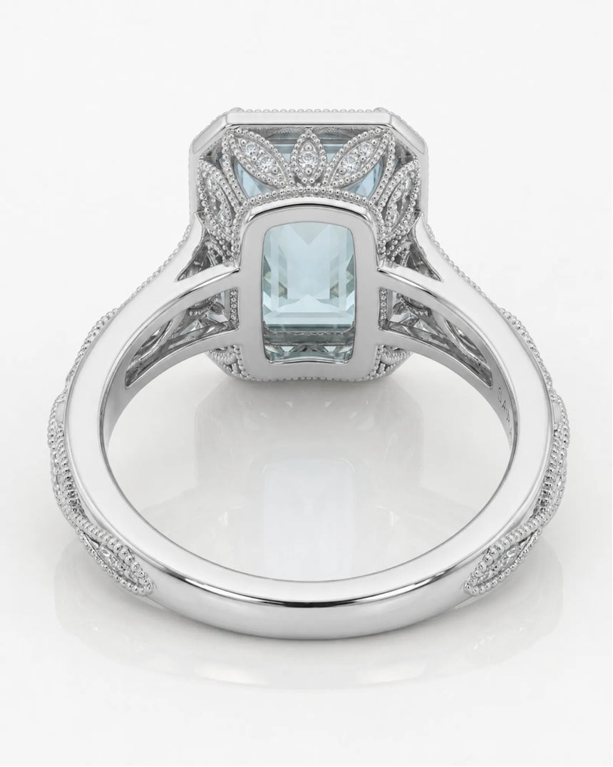 VIRELIA emerald cut Aquamarine vintage milgrain diamond ring setting in White Gold, underside gallery view | SARATTI