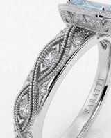 VIRELIA emerald cut Aquamarine vintage milgrain diamond ring setting in White Gold, upper shank detail | SARATTI