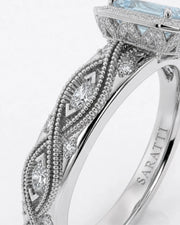 VIRELIA emerald cut Aquamarine vintage milgrain diamond ring setting in White Gold, upper shank detail | SARATTI