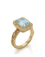 VIRELIA emerald cut Aquamarine vintage milgrain diamond ring setting in Yellow Gold, 45-degree view | SARATTI
