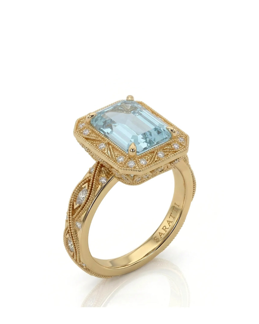 VIRELIA emerald cut Aquamarine vintage milgrain diamond ring setting in Yellow Gold, 45-degree view | SARATTI