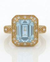 VIRELIA emerald cut Aquamarine vintage milgrain diamond ring setting in Yellow Gold, front view | SARATTI