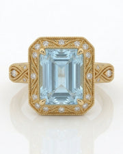 VIRELIA emerald cut Aquamarine vintage milgrain diamond ring setting in Yellow Gold, front view | SARATTI
