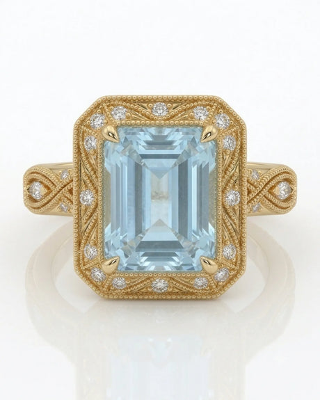 VIRELIA emerald cut Aquamarine vintage milgrain diamond ring setting in Yellow Gold, front view | SARATTI