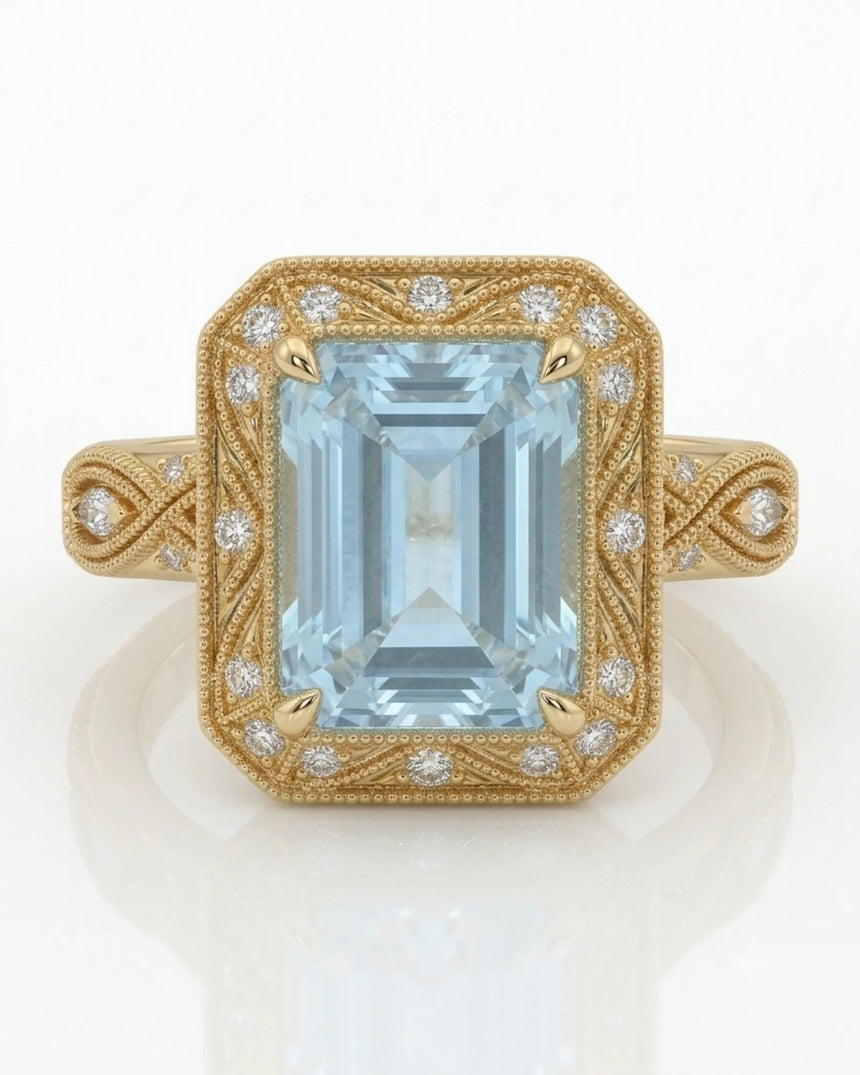 VIRELIA emerald cut Aquamarine vintage milgrain diamond ring setting in Yellow Gold, front view | SARATTI