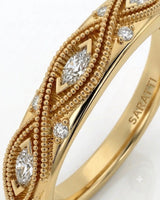 VIRELIA emerald cut Aquamarine vintage milgrain diamond ring setting in Yellow Gold, marquise diamond shank detail | SARATTI