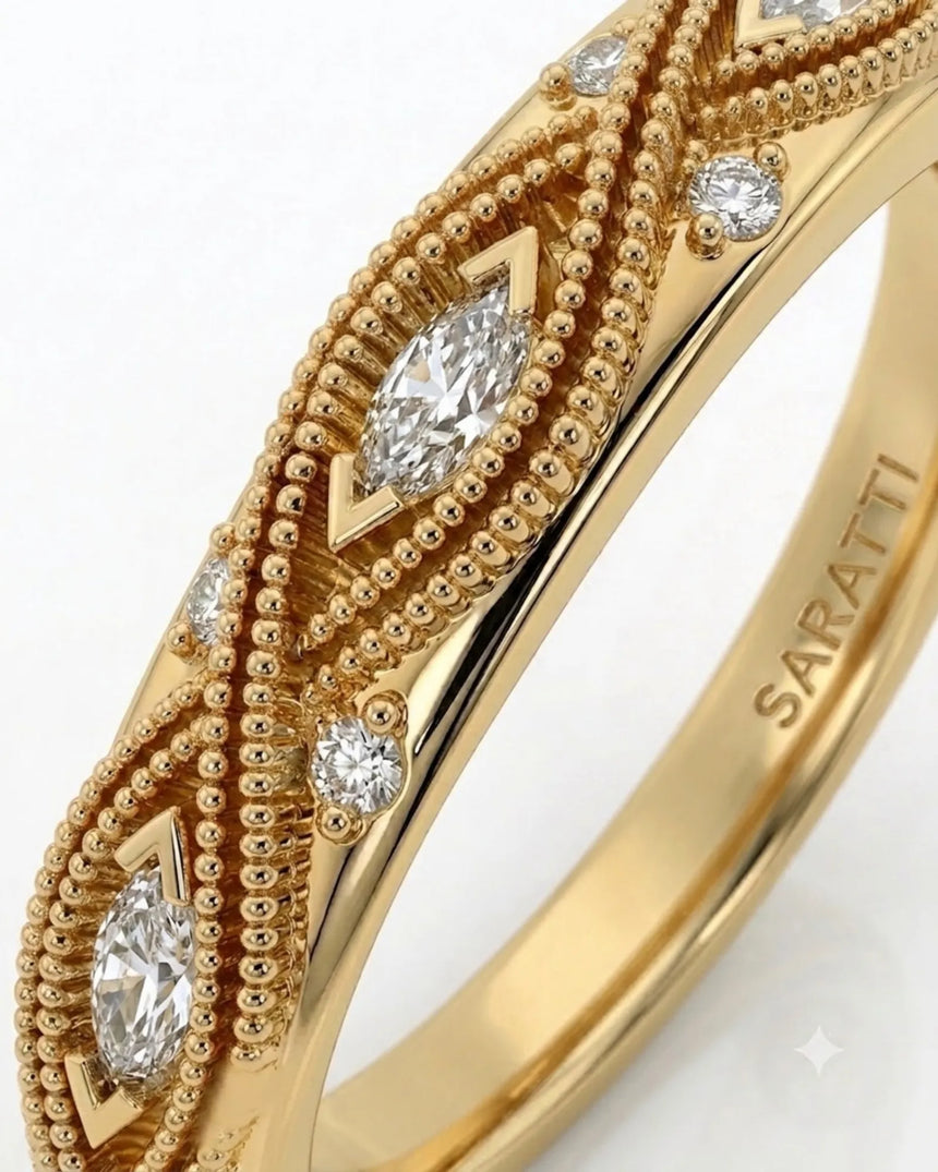 VIRELIA emerald cut Aquamarine vintage milgrain diamond ring setting in Yellow Gold, marquise diamond shank detail | SARATTI