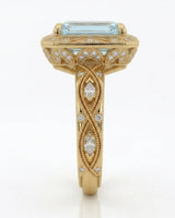 VIRELIA emerald cut Aquamarine vintage milgrain diamond ring setting in Yellow Gold, side profile | SARATTI