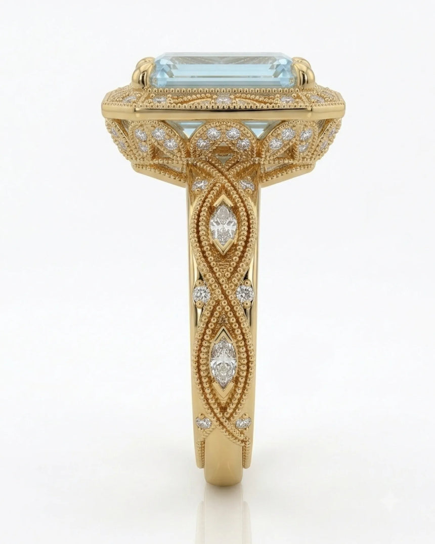 VIRELIA emerald cut Aquamarine vintage milgrain diamond ring setting in Yellow Gold, side profile | SARATTI