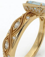 VIRELIA emerald cut Aquamarine vintage milgrain diamond ring setting in Yellow Gold, upper shank detail | SARATTI