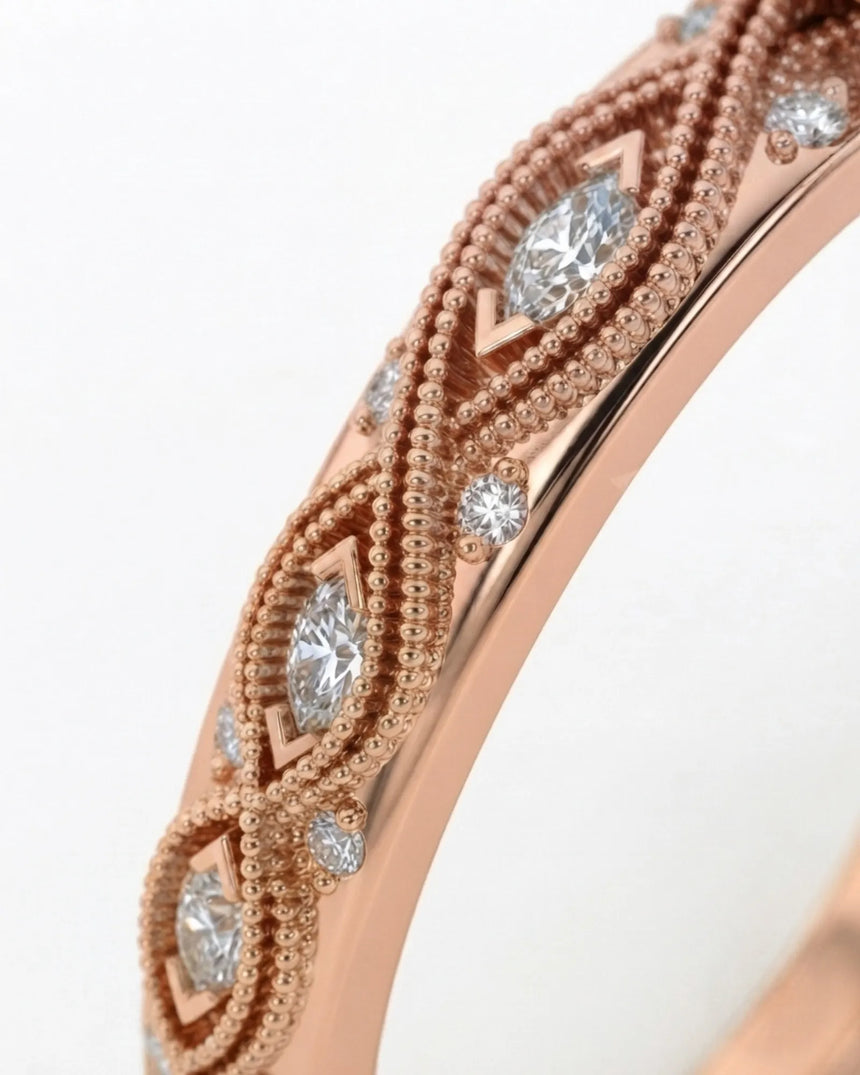 VIRELIA Marquise Aquamarine Vintage Milgrain Diamond Ring Setting in Rose Gold, front view | SARATTI