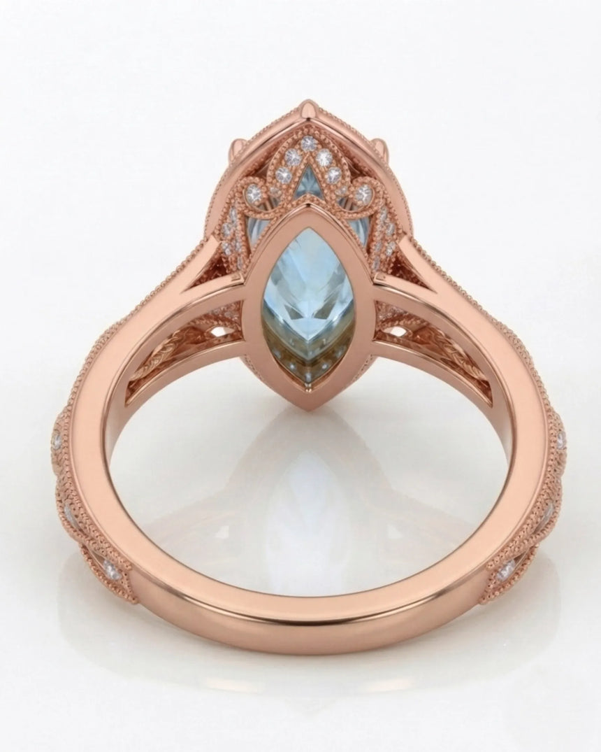 VIRELIA Marquise Aquamarine Vintage Milgrain Diamond Ring Setting in Rose Gold, rear gallery view | SARATTI