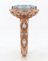 VIRELIA Marquise Aquamarine Vintage Milgrain Diamond Ring Setting in Rose Gold, shoulder detail | SARATTI