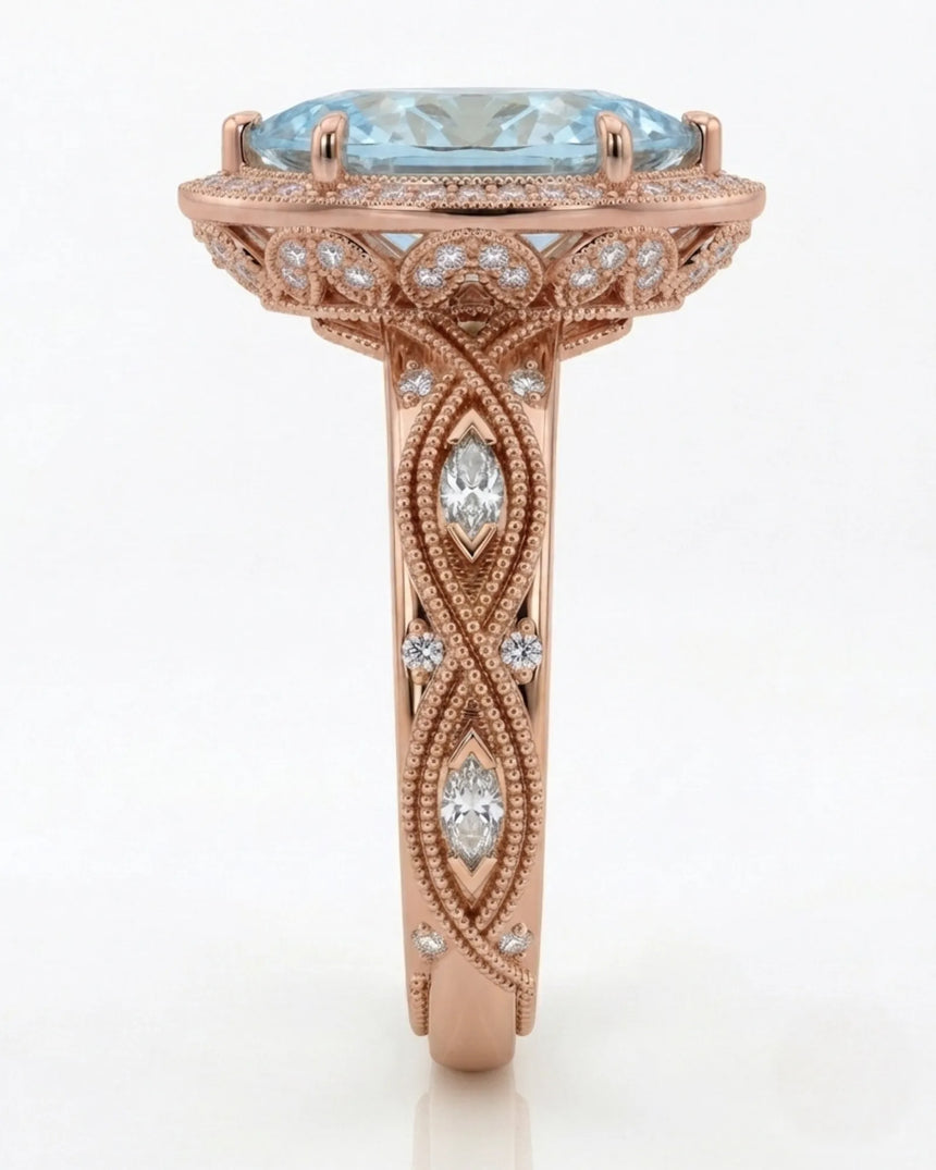 VIRELIA Marquise Aquamarine Vintage Milgrain Diamond Ring Setting in Rose Gold, shoulder detail | SARATTI