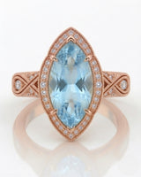 VIRELIA Marquise Aquamarine Vintage Milgrain Diamond Ring Setting in Rose Gold, side profile | SARATTI