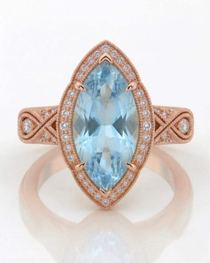 VIRELIA Marquise Aquamarine Vintage Milgrain Diamond Ring Setting in Rose Gold, side profile | SARATTI