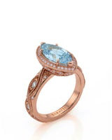 VIRELIA Marquise Aquamarine Vintage Milgrain Diamond Ring Setting in Rose Gold, three-quarter view | SARATTI