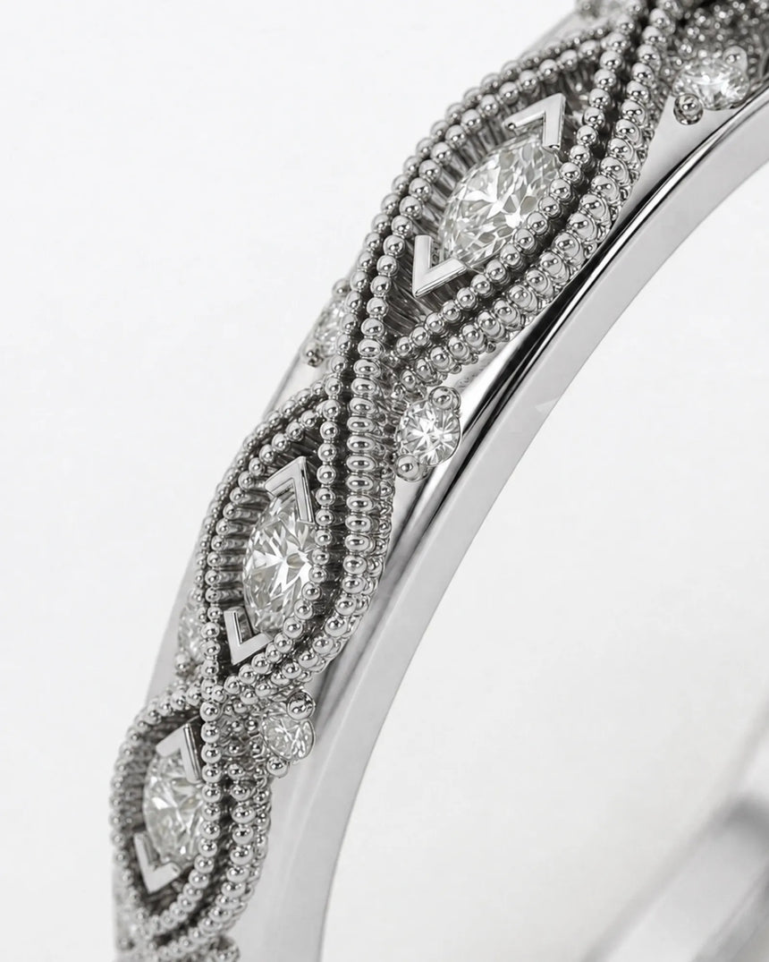 VIRELIA Marquise Aquamarine Vintage Milgrain Diamond Ring Setting in White Gold, rear gallery view | SARATTI