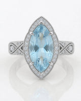 VIRELIA Marquise Aquamarine Vintage Milgrain Diamond Ring Setting in White Gold, side profile | SARATTI