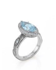VIRELIA Marquise Aquamarine Vintage Milgrain Diamond Ring Setting in White Gold, three-quarter view | SARATTI