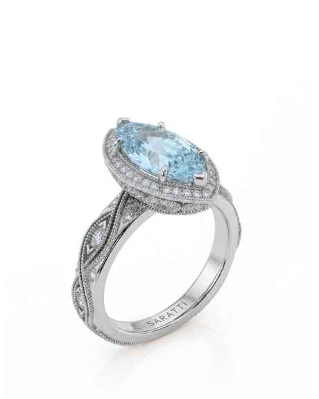 VIRELIA Marquise Aquamarine Vintage Milgrain Diamond Ring Setting in White Gold, three-quarter view | SARATTI