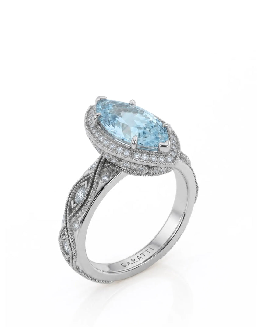 VIRELIA Marquise Aquamarine Vintage Milgrain Diamond Ring Setting in White Gold, three-quarter view | SARATTI