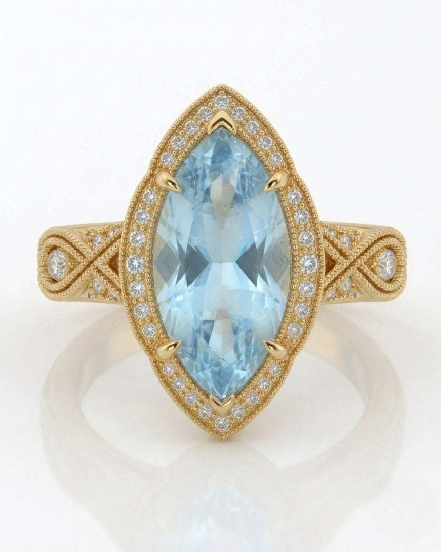 VIRELIA Marquise Aquamarine Vintage Milgrain Diamond Ring Setting in Yellow Gold, front view | SARATTI