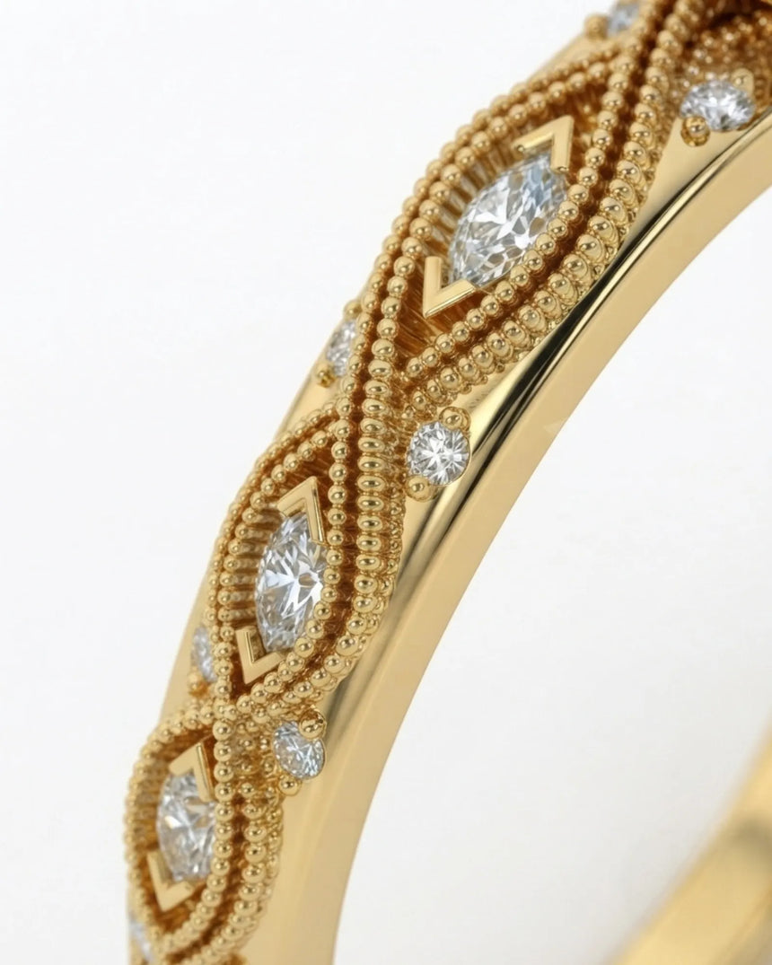 VIRELIA Marquise Aquamarine Vintage Milgrain Diamond Ring Setting in Yellow Gold, shoulder detail | SARATTI