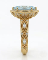 VIRELIA Marquise Aquamarine Vintage Milgrain Diamond Ring Setting in Yellow Gold, side profile | SARATTI