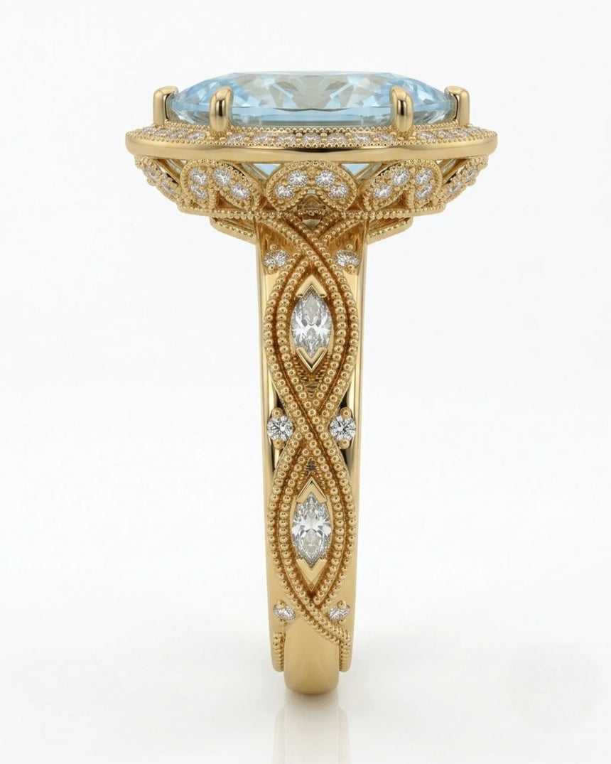 VIRELIA Marquise Aquamarine Vintage Milgrain Diamond Ring Setting in Yellow Gold, side profile | SARATTI