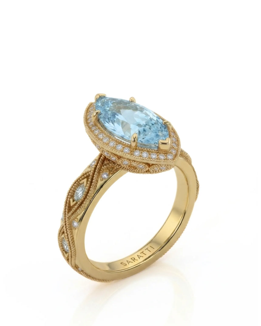 VIRELIA Marquise Aquamarine Vintage Milgrain Diamond Ring Setting in Yellow Gold, three-quarter view | SARATTI