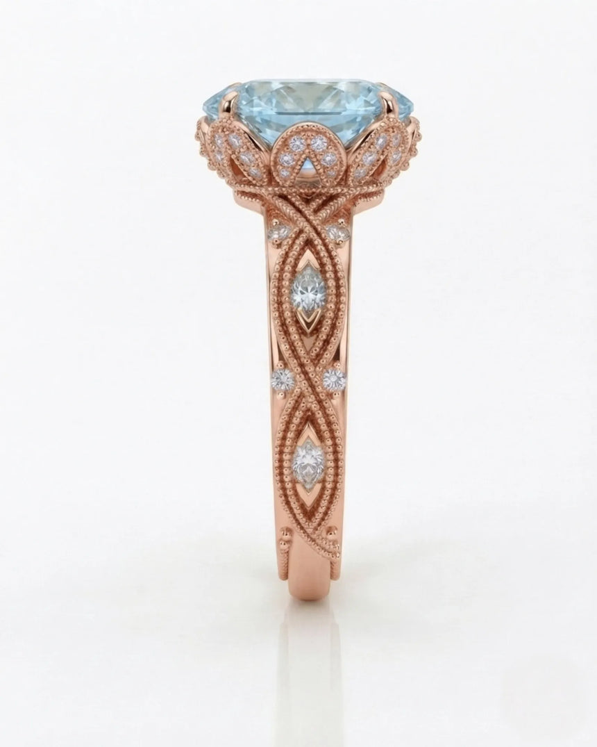 VIRELIA Oval Aquamarine Vintage Milgrain Diamond Ring Setting in Rose Gold, front view | SARATTI